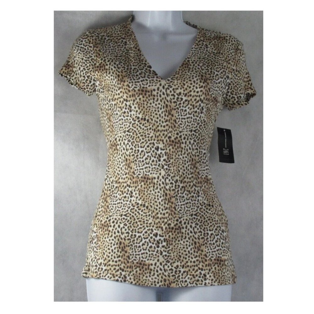NWT INC Women's 97% Rayon Short-Sleeve V-Neck Top, Keeley Animal Print, XS